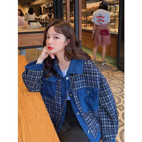 Jacket Womens new loose versatile jacket Vintage tweed patchwork denim top