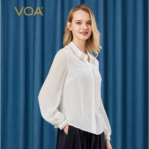 VOA Silk Lapel Black Thread Embroidered Side Horn Long-sleeved OL White Shirt Commuter All-match Bottoming Women Shirts B8063