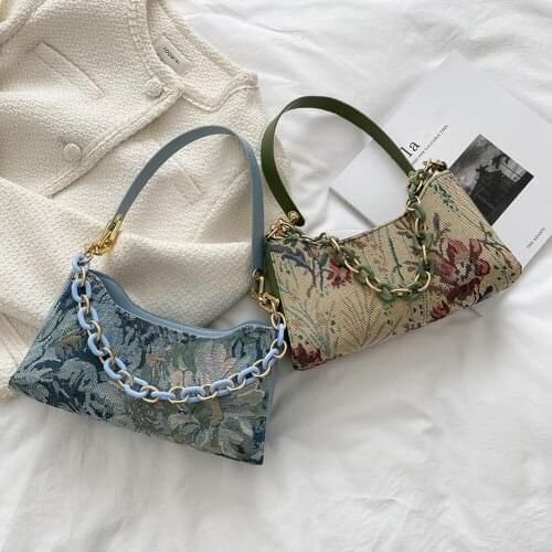 Women Oil Painting Printed Shoulder Bag Leisure Female Street Underarm Bag Casual Ladies Fashion Thick Chian Small Purse Handbag