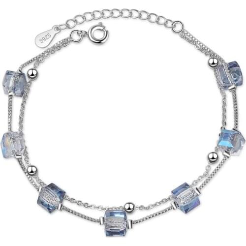 100% 925 Sterling Silver Elegant Square Crystal Ladies Bracelets Jewelry Women Short Chains Birthday Gift Never Fade