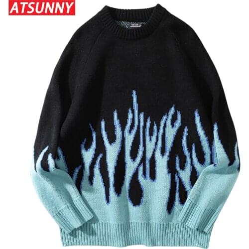 ATSUNNY Winter Autumn New Loose Long Blue Flame Sweater Round Neck Oversize Blue Pullover Sweater