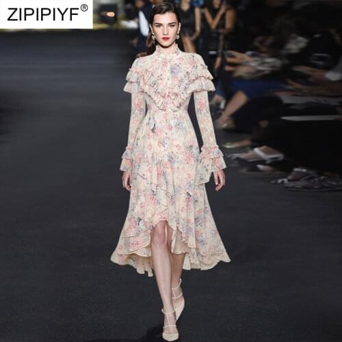 2021 Summer Runway Fashion Stand Neck Long Flare Sleeve Ruffles Hollow Out High Waist Floral Printing Aysmmetric Dresses Z334