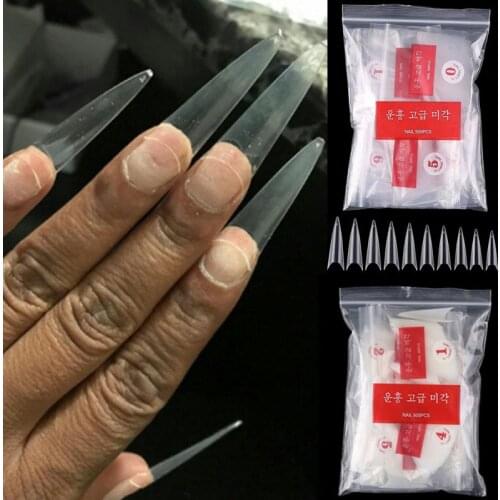 10 Sizes 500pcs/bag Gel X Nail Tips Stiletto French Long Pointed Nails Clear /Natural Extension System Full Cover Fake Nail E006