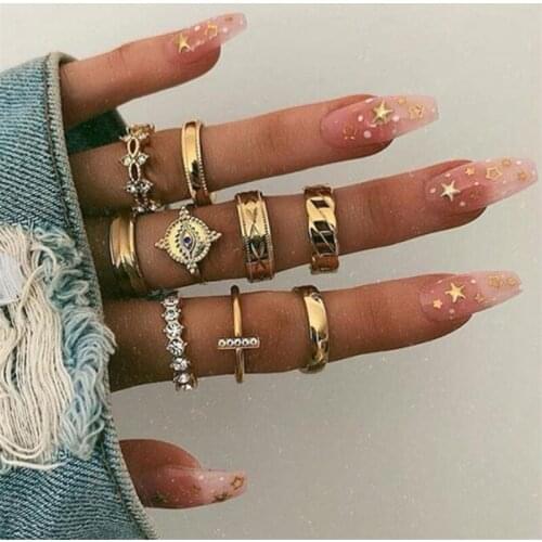 9pcs/set Geometric Crystal Rings for Women Cross Flower Vintage Eye Ring Set Knuckle Jewelry