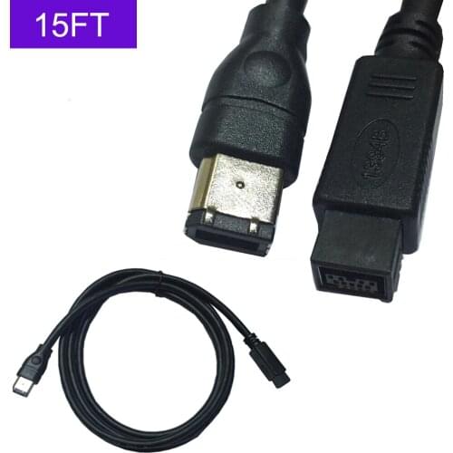 Black IEEE 1394 Firewire 800 to Firewire 400 Cable, 9 Pin/6 Pin Male / Male 15 FT