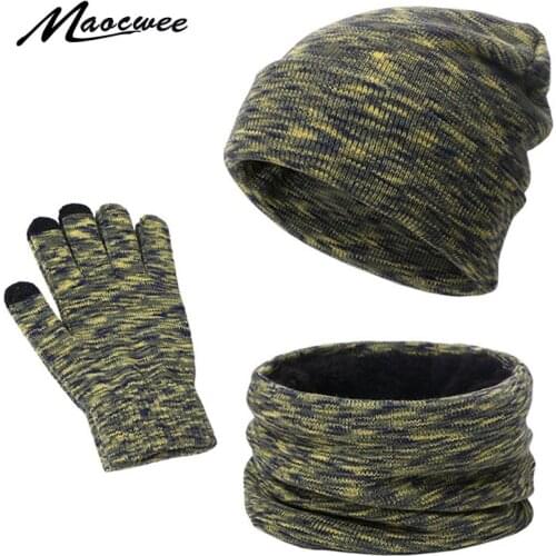 Winter Beanie Hat Scarf Set For Women Men Knitted Outdoor Warm Scarf Hat Touch Screen Gloves Sets Skullies Beanies Hat Scarf Set
