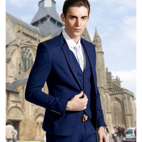 Handsome Slim Fit Tuxedos Designer StyleRoyal Bule One Button Formal Blazer Custome Homme Fashion Men Suit(Jacket+Pant+Tie+Vest)