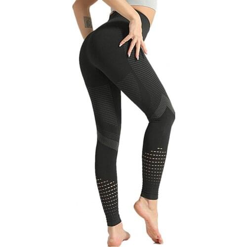 Hollow Out Seamless Stripes Print Leggings Pants Women High Waist Leggings Hollow Out Seamless Workout Stretchy Stripes Pants