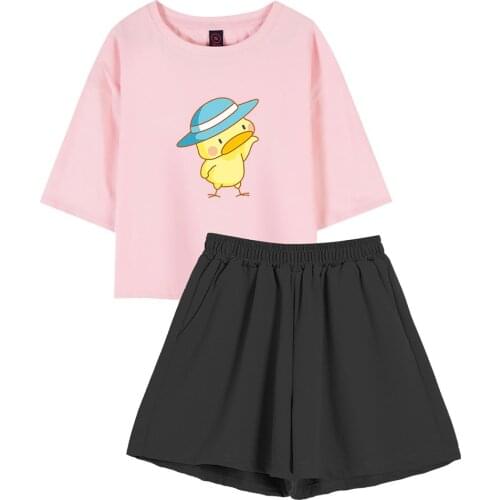 Summer Cotton Harajuku Pink Crop Y2k Top Cute Duck TShirt High Waist Go with Shorts for Women Soft Two Piece Suit Graphic Tees