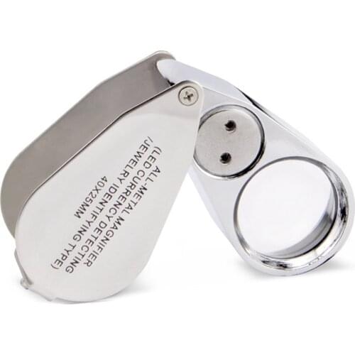 20pcs/lot 40X 25mm Mini All Metal Magnifier LED Microscope Magnifying Glass Len jewelry Loupe UV LED Light Currency Detector