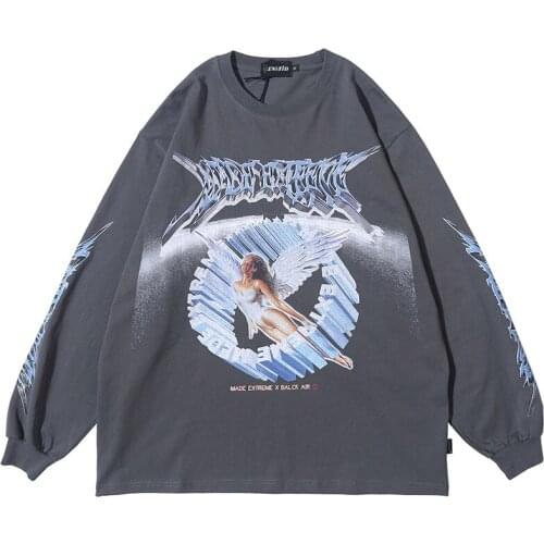 NEWDISCVRY Men Hip Hop Streetwear Angel Print Shirt Harajuku Oversize TShirts Long Sleeve Fashion Large T-Shirt Cotton Tops Tees