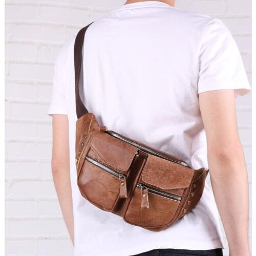 Genuine Leather Mens Chest Messenger Bag Outdoor Fashion Multifunctional Fanny Shoulder Pack