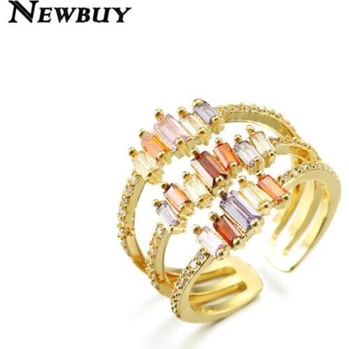 NEWBUY Fashion 3 Row Rainbow Color Cubic Zirconia Ring Gold Color Open Ring Women Wedding Ring Adjustable Size Engagement Gift