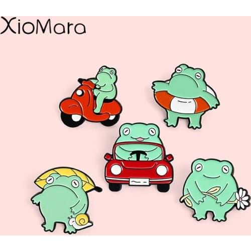 Novelty Personality Frog Enamel Pin Custom Froggy Red Car Brooch Lapel Pin Badge Bag Cartoon Daisy Animal Jewelry Gift For Women