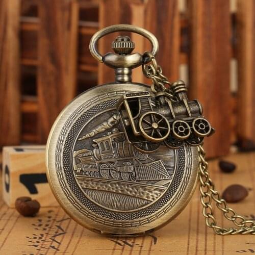 Antique Bronze Train Locomotive Engine Necklace Quartz Pocket Watch Retro Pendant Chain FOB Clock Best Gift with Train Accessory