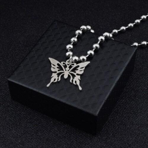 Punk Rock Sweet Butterfly Stainless Steel Pendant Necklace Streetwear Ball Chain Polishing Chain Fashion Necklace Unisex T84A