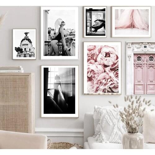 Modern Fashion Girl Picture Home Decor Nordic Pink Flower Style Wall Art Black White Woman Posters and Prints for Living Room