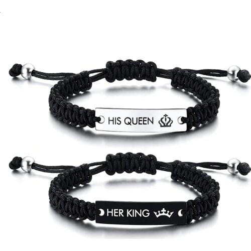 Fashion Engraved His Queen Her King Stainless steel Couple Braided Rope Bracelet Lovers Jewelry