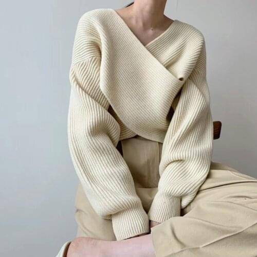 Fashion V-neck Cross Womens Sweater Jumpers Streetwear Loose Knitwear Autumn Winter Solid Female Knitted Pullovers