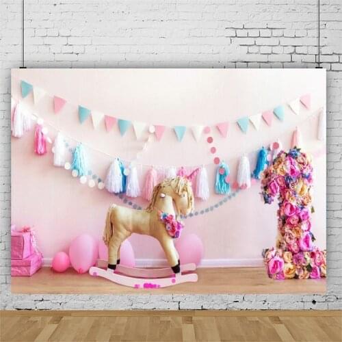Pink Balloon Trojan Horse Portrait Photography Backdrop One Year Birthday Party Photo Background Vinyl Photocall Booth Props