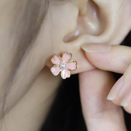Japan and South Korea Small Fresh Drop Oil Pink Flower Pearl Earrings Korean Five-leaf Flower Student Girl Cute Earrings
