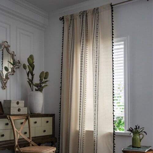 American Country Style Bohemian Black And White Geometric Bay Window Curtain Modern Printing Black Tassel Curtain Decoration