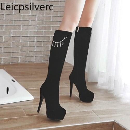 Womens Boots winter fashion Flock Fringe Crystal Round head zipper Fine heel High heel Womens High Boots plus size 34-43