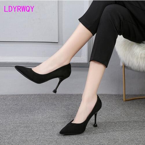 Black high heels women 2021 summer stiletto suede single shoes velvet interview formal wear professional student etiquette shoes