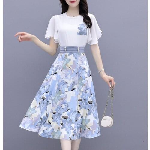 Elegant Women 2 Piece Sets Batwing Sleeve White Chiffon Shirt + High Waist Flower Print Skirt Suit Office Ladies Female Outfits