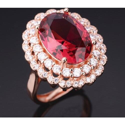 Big red crystal ruby gemstones diamonds rings for women 18k rose gold color luxury jewelry bijoux bague party accessory gifts