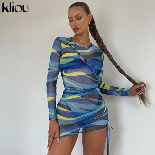 Kliou Aesthetic Print Mini Dress Women Sexy See Through Hollow Out Bandage Midnight Party Style Long Sleeve Female Clubwear