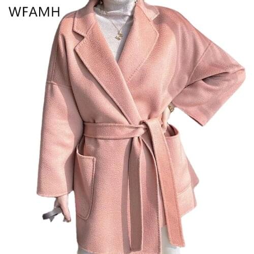 2021 autumn and winter new product pure wool water ripple double-sided woolen coat lace-up jacket womens clothing Polyester