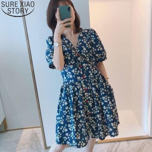 Vintage Floral Dress Women Single Breasted Print Dress French Style Short Sleeve Loose High Waist V-neck A-line Dresses 14501