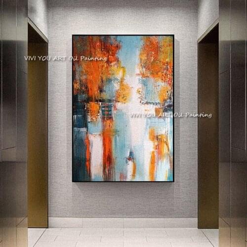 100% Hand painted Abstract Blue Orange Ocean Oil Painting Wall Art for Living Room Office Home Decoration Painting Canvas Gift