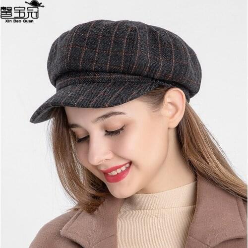 Beret womens British retro Hat Womens Korean bud hat autumn and winter versatile check octagonal hat