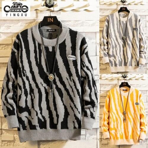 Zebra Stripe Japanese retro color matching sweater mens fashion autumn and winter mens sweater loose sweater
