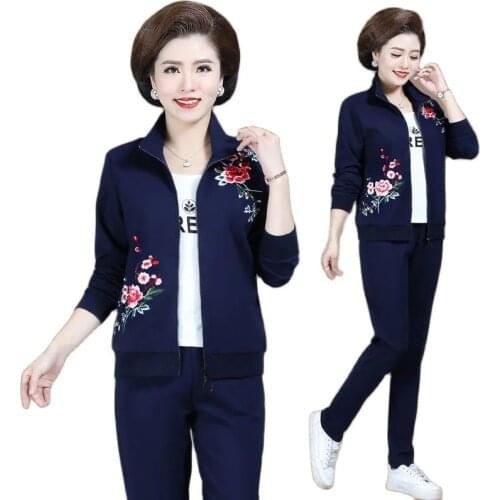 Mothers Attire Spring Autumn Ladies 2 Piece Set New 2021 Movement Suit Zipper Embroidery Ladies Jacket + Pants Suit 2PCS