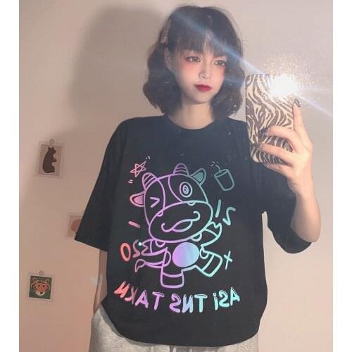 Summer new short T-shirt female color cartoon printing short-sleeved loose T-shirt trendy cute college style