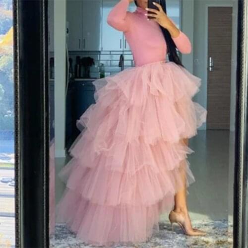 Lovely Pink Hi Low Puffy Long Formal Skirt Fashion Tiered Ruffle Tulle Skirts Asymmetrical Plus Size Party Skirt Custom Made