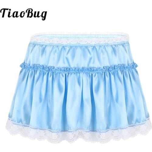 TiaoBug Hot Sexy Sissy Skirt for Men Adults Smooth Satin Elastic High Waist Lace Hem Frilly Ruffled A-line Micro Gay Mini Skirts