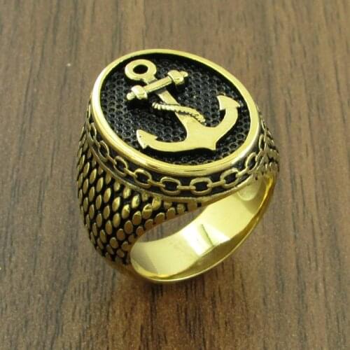 Punk Black Golden Plated Cool 316L Stainless Steel Link Chain Navy Ring Jewelry Top Quality Classic Vintage Anchor Ring for Men