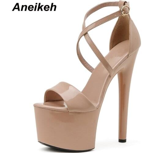 Aneikeh Summer Fashion Platform Cross-Tied PU Modern Sandalias Peep Toe Thin Heels Sandals Women 2021 Classics Rome Solid Black