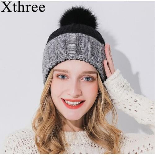 Xthree Women Winter Hat For Girl Knitted Hat Keep Warm Beanie Gorro Wool Rabbit Fur Cashmere Blend Brand Pom Pom Hat For Women