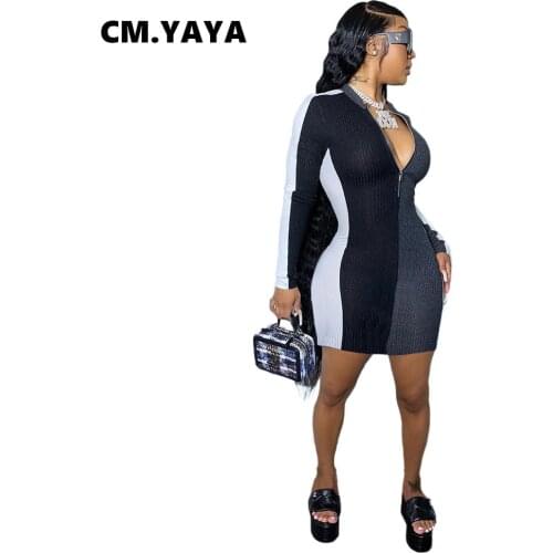 CM.YAYA Autumn Winter Knitted Patchwork Women Long Sleeve Midi Bodycon Dress Ribbed Zipper Streetwear Pencil Moto Biker Dresses