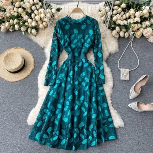 Light Mature Style Womens Dress Spring Autumn Retro Heavy Embroidery Lace Long Sleeve Slim Mid-Length Dress Midi Vestidos M460