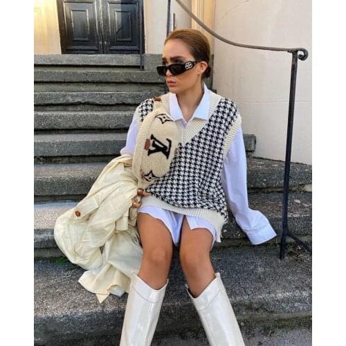 Sweater vest womens V-neck thousand bird lattice simple slim fit casual Korean fashion autumn and winter sleeveless sweater