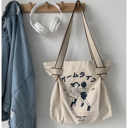 Canvas Cartoon Shoulder Bags Women Large Capacity Shopper Bag Female Canvas Cloth Bag Handbag Reusable Foldable Eco Grocery Tote