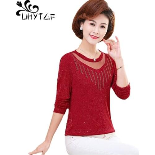 UHYTGF Middle-Aged Women Spring T-Shirt Long-Sleeved Pullover Casual Loose Plus Size Tops Solid Wild Elegant Female Clothes 1549