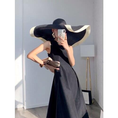 Women Vintage Black White Wide Brim 20CM Straw Hat Elegant Flat Floppy Derby Hat Foldable Straw Cap Cover Oversized Collapsible