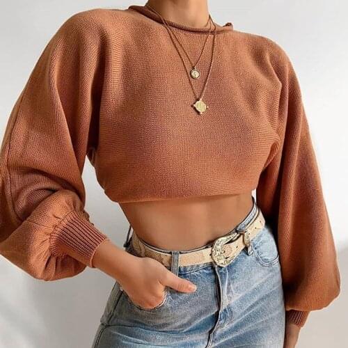 2021 Autumn women short sweater Spring O-neck lantern long Sleeve casual basic pullovers Solid color loose tops jumper